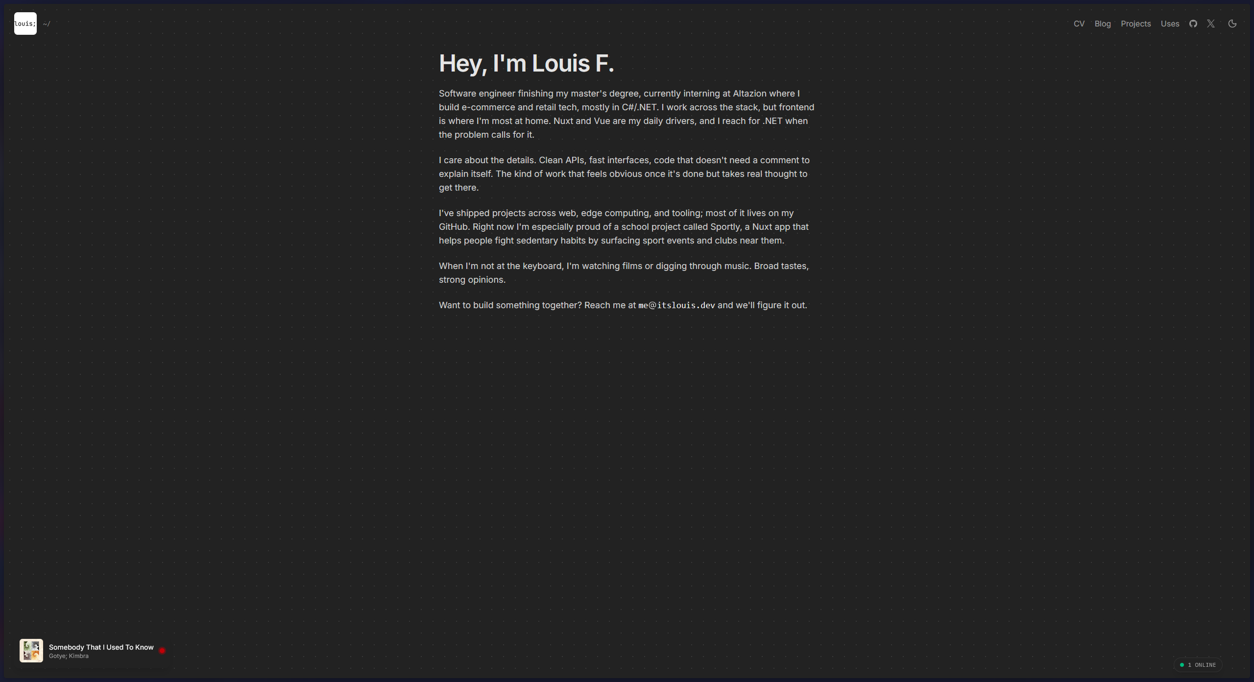 Homepage of the itslouis.dev portfolio