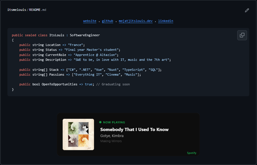 Dynamic Spotify badge showing the currently playing track
