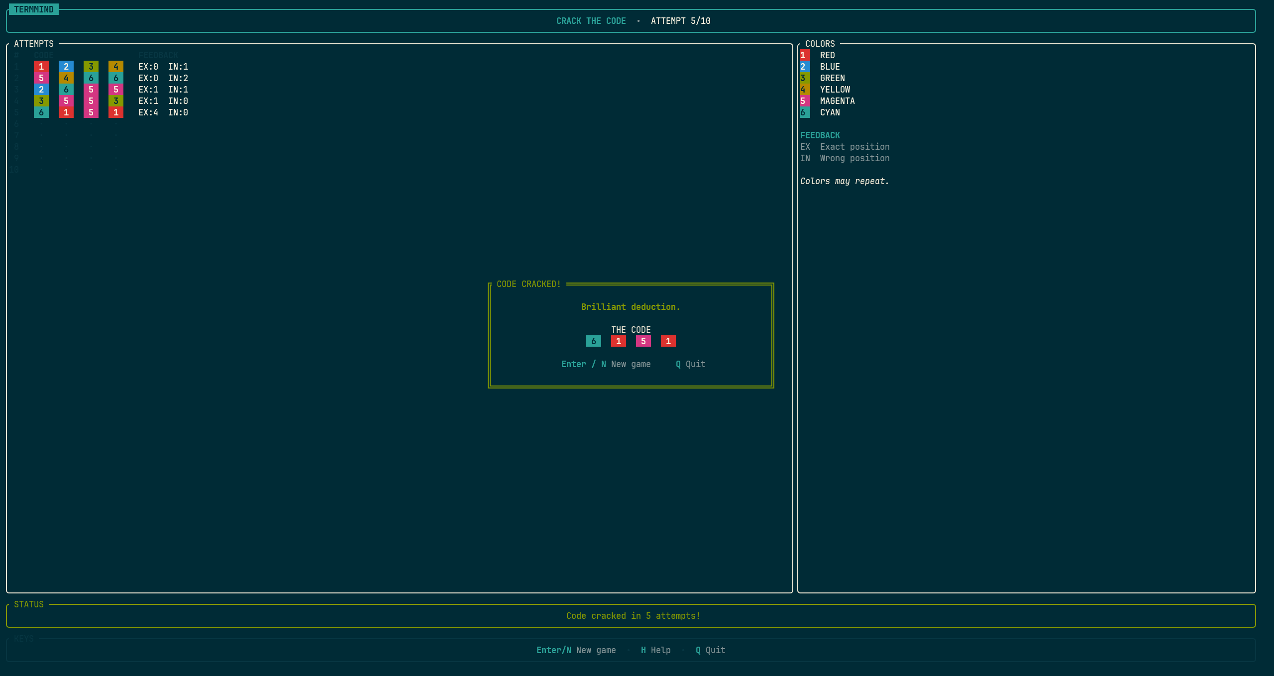 Termmind Mastermind game running in a terminal